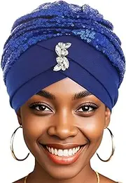 [Bohend] Rhinestone Turban Hat for Women Sequin Stretch Headwarp Pre Tied Head Cover Bonnet Muslim Crysta Pleated Headscarf Hat