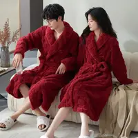 在飛比找樂天市場購物網優惠-情侶睡袍秋冬季珊瑚絨加厚中長款浴袍冬天男女法蘭絨紅色高檔睡衣