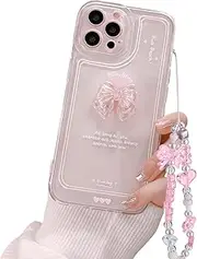 [Beownest] Cute Clear Case for iPhone 14 Pro Max,3D Pink Bowknot Aesthetic Design Camera Lens Protection Phone Cover for Women Girls+ Crystal Chain