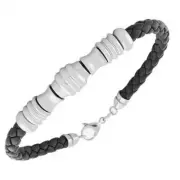 Stainless Steel Black Leather Silver Tone Mens Bangle Bracelet with Clasp