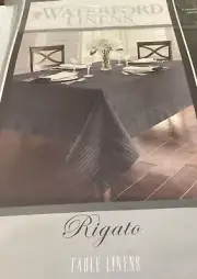 WATERFORD Rigato Grey 70" X 144" OBLONG NIP TABLECLOTH COVER Linen COTTON