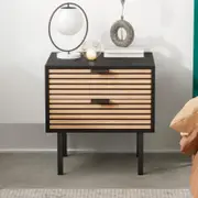Black Wooden Bedside Table with Slatted Drawers