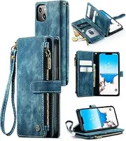 ELEPIK for iPhone 12 Mini Wallet Case with Card Holder, Kickstand, Wristlet for Women Men, Durable PU Leather Magnetic Wallet Phone Case for iPhone 12 Mini, Elegant Blue