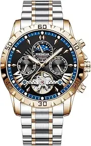 [Generic] Men's Automatic Mechanical Watch - 43mm Moon Phase & Calendar Display, Luminous Hands, 30M Water Resistant, Stainless Steel Band (Rose Gold/Black/Silver Case)