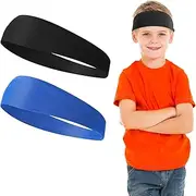 WLLHYF 2 Pieces Kids Sports Headbands Soft Athletic Sweatbands Headband for Girls and Boys Moisture Wicking Elastic Hairband for Toddler Children and Teenagers (Blue/Black)
