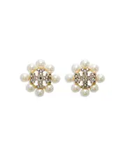 Tory Burch Kira Pave Double T & Imitation Pearl Stud Earrings in 18K Gold Plated