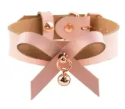 AURUM Stunning Rose Gold Blush Pink leather Kitten Bow & Bell Collar C25B