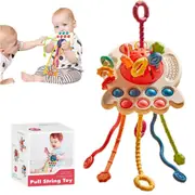Catzon Montessori Pull String Toys for 6-12 Months Babies Silicone Teether-Red