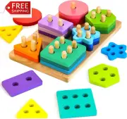 HELLOWOOD Wooden Sort & Stack Toy for 12+ Months Toddlers, 24Pcs Large Geometric