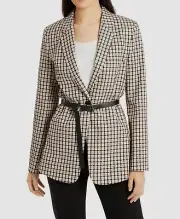$850 Elie Tahari Womens Black One-Button Check Bree Belted Blazer Jacket Size 14
