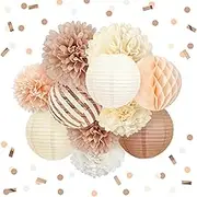 NICROHOME Bridal Shower Decorations, Boho Wedding Decorations, Rustic Neutral Creamy White Tissue Paper Pom Poms Lanterns Decorations Packages for Baby Shower Birthday Party Decorations