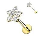14K Gold Threadless Push-in Labret 18 GA CZ Flower Top Labret Flat back