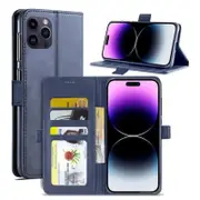 For Apple iPhone 15 Plus SupRShield Wallet Leather Card Holder Flip Protective Shockproof Case Cover (Navy Blue)