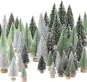 hatisan 30Pcs Mini Christmas Trees - Artificial Tree Bottle Brush with 5 Sizes, Sisal Snow Wooden Base for Decor Party Home Table Craft Decorations (2), Silver,green