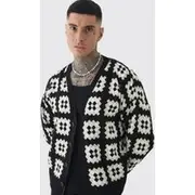 Mens Black Tall Relaxed Fit Drop Shoulder Crochet Cardigan