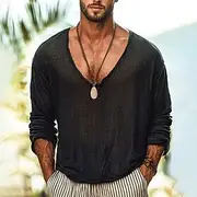 Men's Linen-Like T-shirt Long Sleeve Crew Neck Summer Winter Spring Fall Solid Color Knitwear Daily Crewneck Plain Outdoor Causal Casual Black Top Tee for Me