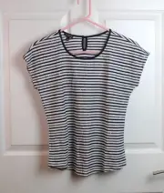 NWT Talbots Linen Blend Blue White Stripe Short Sleeve Top Keyhole Sequins 0-2P