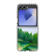 Galaxy Z Flip6 Clear Case WOODLAND RETREAT 4, FOREST TREES GREEN AQUA TEAL NATURE MOUNTAINS PAINTING