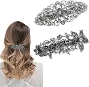 2 Pcs Vintage Silver Leafy Barrette Antique Filigree Flower Crystal Barrette Metal Retro French Hair Clips For Women Girl