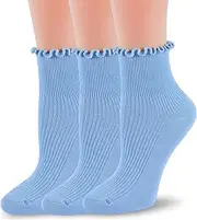 [TZYDMN] Women Ruffle Crew Socks Lightweight Thin Stripe Turn-Cuff Cute Girls Cotton Socks 3 Pairs