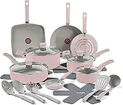 T-FAL Refresh Ceramic Ceramic Non Stick Cookware Set 20 Piece Oven Broiler Safe 350F Dusty Rose