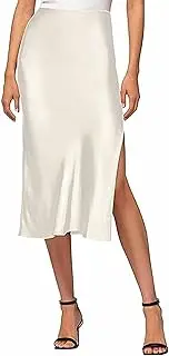 [Generic] Womens Satin Silk High Waist Slit Midi Skirt Elastic Waistband Midi Skirts Elegant and Handsome Half Skirt for Women Skirt