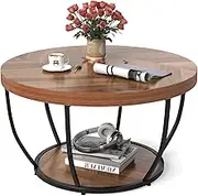 Giantex 2-Tier Round Coffee Table w/Storage, Heavy-Duty Metal Frame Tea Cocktail Table, Home Accent Table w/Faux Wooden Top, Round Side Table for Living Room, Reception Room