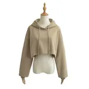 Drawstring Plain Crop Hoodie Khaki - S