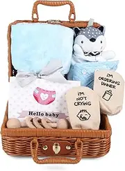 SWNEPOF Baby Shower Gifts, Newborn Baby Gifts for Girls Boys, 7 PCS New Born Baby Gifts Essential Stuff includes Basket, Blue Blanket, Bib, Socks, Wooden Rattle, Fox Plush Toy and Greeting Card (Blue)
