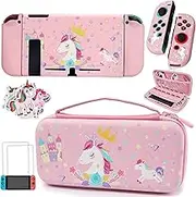 Pink Unicorn Carrying Case Compatible with Nintendo Switch (NOT OLED or LITE) with Dockable Protective Grip Case+Screen Protector+Unicorn Stickers, Hard Storage Case Accessories Kit for Girls Gifts