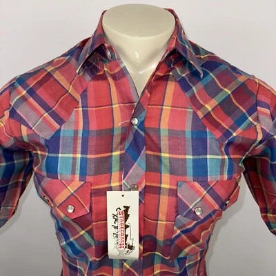 Vtg 70s Stagecoach Shirt Western Plaid Pearl Snap Deadstock NOS New Mens Small