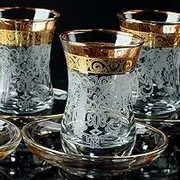 Vintage Turkish Tea Glasses Cups Saucers Set of 6 for Women Glassware Drinking Party Teapot Style Teacups Moroccan Persian Coffee Adults Fancy Decorative Tray Gold Drinkware, Tea Set, Tea Cups