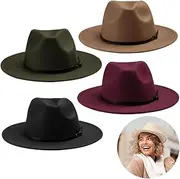 [Toyokar] Woolen Dress Hats Fedora 4-Pack, Woolen Adjustable Hats With Belt Buckle, Hats Brim Flat Woolen, Vintage For Camping, Clubs, Parties, Proms, Weddings, Colors 4, Black, Wine Red, Army Green, Camel, One