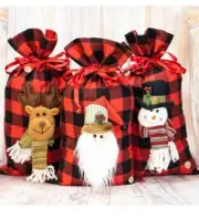 3 Packs Christmas Gift Bags Buffalo Santa Burlap Sack with Drawstring 18" x 10"