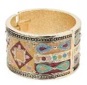 Turkish Style Gold Pewter Enamel Hinged Bangle Bracelet