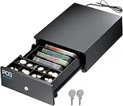 POS VALLEY Mini Cash Drawer, Small Cash Drawer with POS Opening, RJ Printer and Cash Register, Cash Box with 4 Banknote Compartments and 8 Coin Compartments, 24 x 32 cm, Black