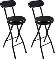 Folding Bar Stools with Back Rest (Black & White) 24" Kitchen Breakfast High Bar Seat Cushioned Padded Counter Barstool Chair with Metal Leg and Footrest (Set of 2 Black)