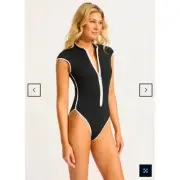 Seafolly Collective Cap Sleeve Zip Front One Piece Swimsuit Navy US Size 12 NWT