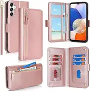 [SunYoo] for Galaxy A14 5G Case Leather Wallet with Card Holders Money Slots Wrist Strap for Women Men RFID Blocking Purse for Samsung A14 5G Zipper Coin Pocket Cover Kickstand Folio Flip Case Pink
