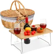 Picnic Basket with Foldable Wine Table Kit Handmade Wicker Basket w/ Lid Handle