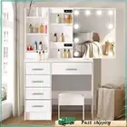 Vanity Dresser Desk + Stool and 6 Drawers Dressing Table Set 10 LED Bulbs Mirror