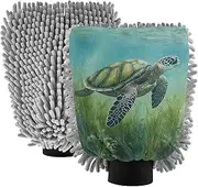 XYMZR Green Sea Turtle Grass Absorbent Microfiber Car Wash Mitt, Funny Cute Anime Scratch Free for Cars Cleaning, Home Cleaning Mitts, 2 Pack, 10.24” L x 7.09” W
