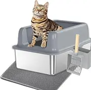 KELIOO Cat Litter Box, Extra Large Stainless Steel Litter Box with Cat Mat and Scoop, Metal Kitty Litter Boxes High Sided, Non-Sticky, Anti-Urine Leakage, Easy Cleaning