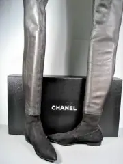 CHANEL BLACK LEATHER SUEDE OVER THE KNEE THIGH HIGH POINTY TOE FLATS BOOTS 37.5