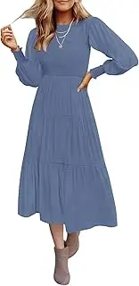[ZESICA] Women's 2023 Casual Long Sleeve Crew Neck High Waist Smocked Flowy Tiered Midi Dress