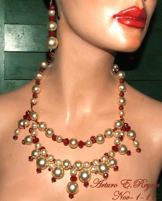 Arturo E.Reyna Glass PEARLS RED CZECH GLASS Bib/Necklace Earring Set