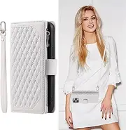 SINQERISHT Crossbody Wallet Case for Apple iPhone 13 Pro Max Leather Phone Case with Card Holder Kickstand & Wrist Strap Cover Magnetic Closure Flip Handbag Zipper Purse Shell for Women(White)
