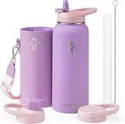 Coolflask 40 oz Water Bottle Insulated with PU Leather Sleeve, Water Bottle Stainless Steel Metal with Straw Lid and Spout Lid, Double Vacuum Keep Cold 48h Hot 24h Water Flask, Lilac Purple