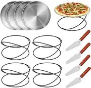Affbei 12 Pcs Pizza Pan Riser Stands Pizza Spatula Sets Includes 4 Metal Pizza Table Stands 4 Pizza Pan and 4 Wood Handle Pie Server, Pizza Rack Stand Pizza Tray for Oven Pizza Dessert Cheese Baking