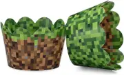 Minecraft Themed Cupcake Wraps Birthday Party Set of 24 Reversible Engineer Grass and Green Pixel Cupcake Wraps,2024 Ping
